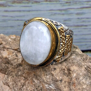 Sterling Silver Men's Two Tone Moonstone Ring Size 9.5 Bold Ottoman Design
